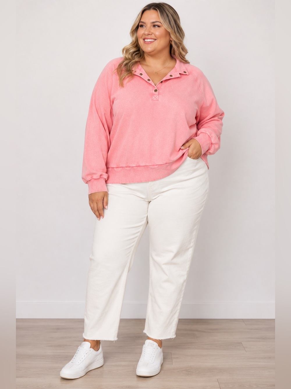 #166 White Birch Pink Mineral Wash Snap Neck Pullover Sweatshirt 2X NWT